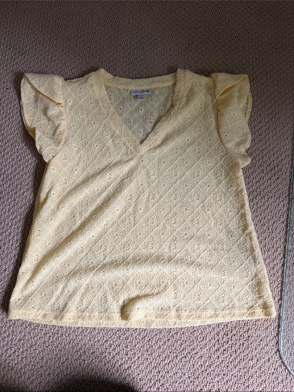 Maison Jules Pale Yellow Eyelet V-Neck Flutter Sleeve Top